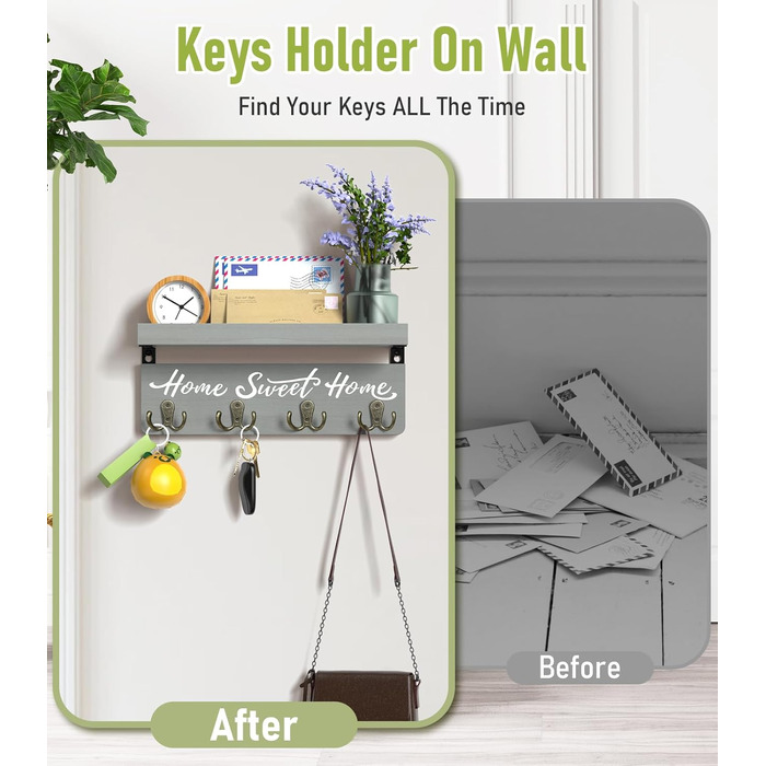 Key board with shelf, wooden key holder with 4 hooks, wall-mounted key rack for entryway, hallway, bedroom, living room, White (Green)