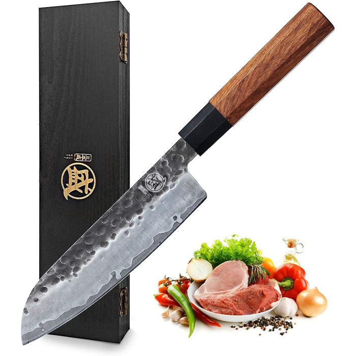 Японський ніж Santoku Mitsumoto Sakari 19 см, ручка з рожевого дерева, сталь з високим вмістом вуглецю, в подарунковій коробці