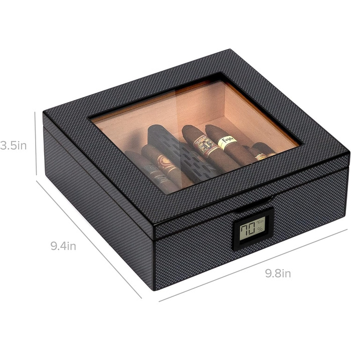 CASE ELEGANCE MAG - Настільний вологомір для сигар, горіх, вміщує 20-30 сигар, скляна кришка з магнітним замком, восьмигранна форма, цифровий гігрометр, іспанська кедр (карбон)