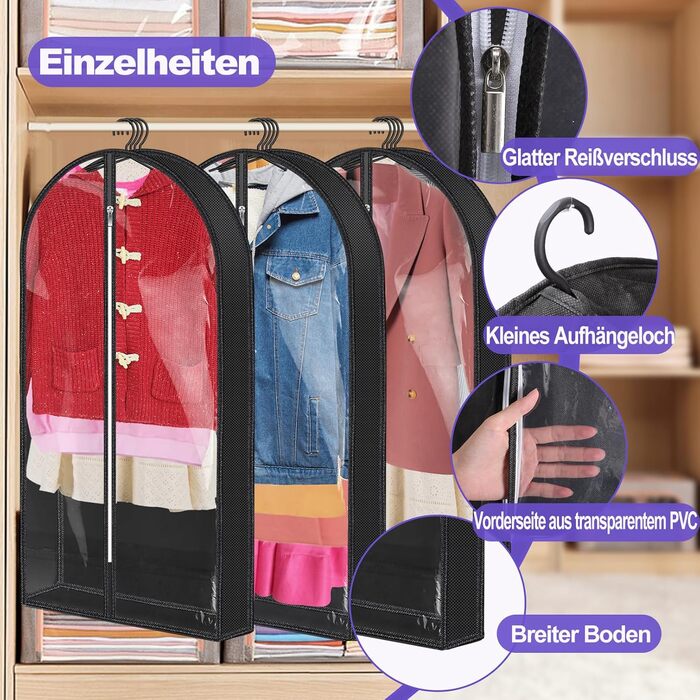 Чохли для одягу 3 шт. Преміум, дихаючі, на блискавці, 100x60 см, чорні. Для зберігання та подорожей.