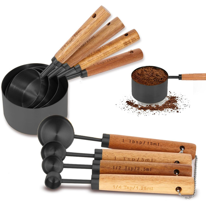 Gold Measuring Cup and Spoon Set with Fragrant Wooden Handles, Premium Stainless Steel Measuring Spoons and Cups Set, for Cooking and Baking in the Kitchen (8 Pieces)