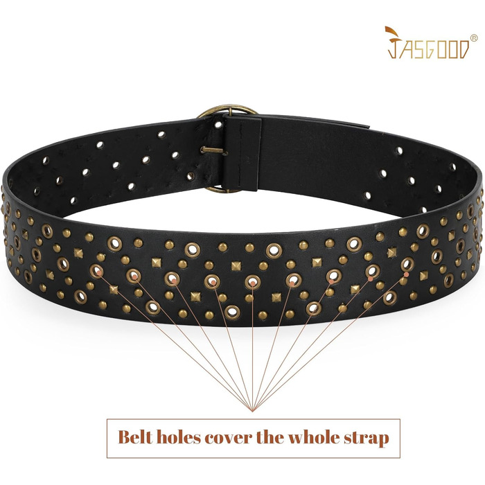 Жіночий широкий пояс JasGood з прорізними заклепками та круглою застібкою, пояс з заклепками, пояс для талії, для джинсів, штанів, суконь, чорний, розмір S (об'єм талії до 88 см)
