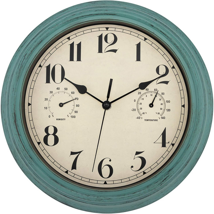 Foxtop Funk Wall Clock, Indoor Outdoor Weatherproof Wall Clock with Temperature Display and Hygrometer, No Ticking Sound Silent Retro Clock for Terrace Bathroom Kitchen Living Room Home Decor (Bronze, 30cm) (Green)