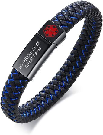 Чоловічий браслет-ідентифікатор з гравіюванням PJ JEWELLERY. Сплетене шкіряне браслет-медичний ідентифікатор з нержавіючою сталевою застібкою-магнітом. Чорний/Синій. Для людей з ЕПІЛЕПСІЄЮ.