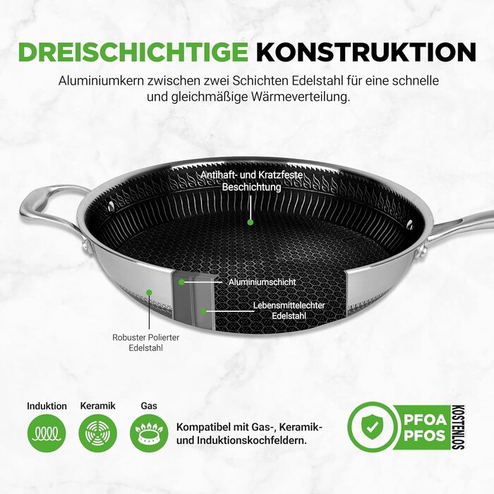 Набір посуду NutriChef з нержавіючої сталі, 6 предметів: сковороди з антипригарним покриттям 20 см, 25 см, 30 см з кришками, індукційні, стійкі до подряпин та придатні для духовки, набір посуду (вок 31 см)