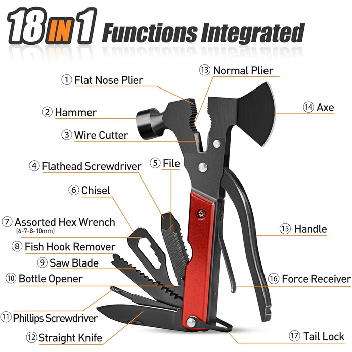 Мультитул BIIB 12 в 1: Подарунок для чоловіків на Різдво, День народження, кемпінг. Преміум якість, чорний (червоний)