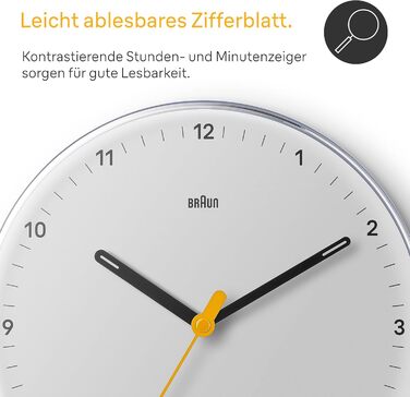 Braun Classic Analog Wall Clock with Silent Quartz Movement, Easy to Read, 23 cm Diameter in White, Model BC26W.