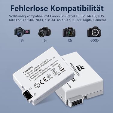 Акумулятор LP-E8 1800mAh та LED-зарядний пристрій для Canon EOS Rebel T2i T3i T4i T5i EOS 550D 600D 650D 650D 700D Kiss X4 X5 X6 X6i X7i (2 шт. акумулятори + 1 зарядний пристрій)