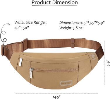 Чоловіча/жіноча поясна сумка Maxtop Bauchtasche для активного відпочинку, спорту та подорожей. Водонепроникна, з 4 кишенями на блискавці. (Хакі, L)