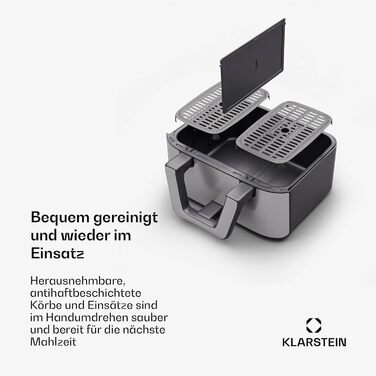 Klarstein Hot Air Fryer, Air Fryer with 2 Chambers, 2850W Compact Hot Air Fryer, 9L Air Fryer with Touch Control Panel, Timer, Preheating, 6 Modes, Large Hot Air Fryer, Air Fryer XL Black Duo Elegance