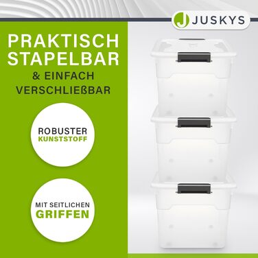 JUSKYS Storage Box with Lid - Set of 4 Plastic Boxes 45L - Large Box, Stackable, Transparent - Storage Organization System Storage Boxes
