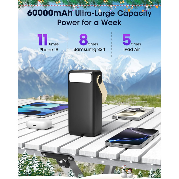 Портативний зарядний пристрій Power Bank 60000mAh з LED-ліхтариком, 22.5W, PD20W, для iPhone/Android, чорний