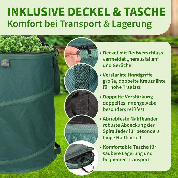 TTL Garden Комплект з 3 садових мішків 160 л з кришкою, 220 г/м², 600D Оксфорд, складаний, для листя та садових відходів, міцний