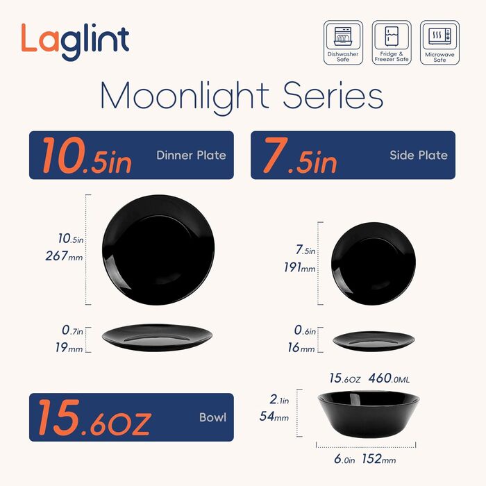 Набір посуду 18 предметів для 6 осіб, чорний набір посуду з опалового скла, включає миски для мюслі, десертні та обідні тарілки, чорний посуд