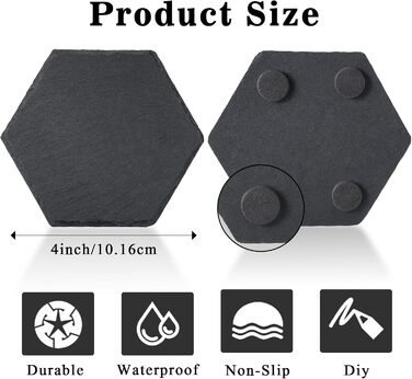 MAPRIAL 36-Piece Slate Coasters Bulk, 10.2 cm Hexagonal, Blank, Black Stone Coasters for Drinks, Natural, Handmade, Hexagon, Stone for Laser Engraving, Gifts, Engraving, Halloween (Black)