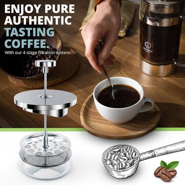 Френч-прес Oliver's Kitchen® 1 літр - скляний заварник для кави, срібний | Елегантний дизайн, для автентичного смаку