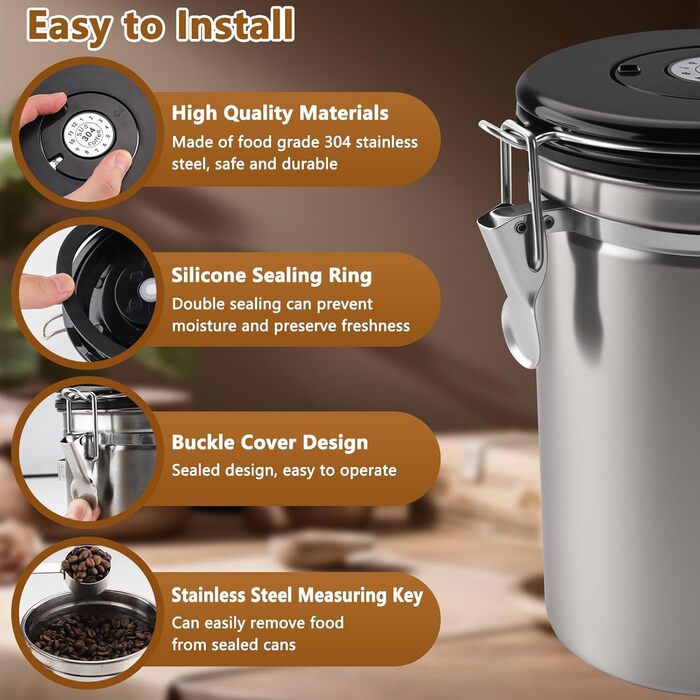 Герметичний контейнер для кави, 1.8L, нержавіюча сталь 304 з датою розкриття та мірною ложкою для кави, зерен, чаю, борошна, зерна та цукру (Білий)