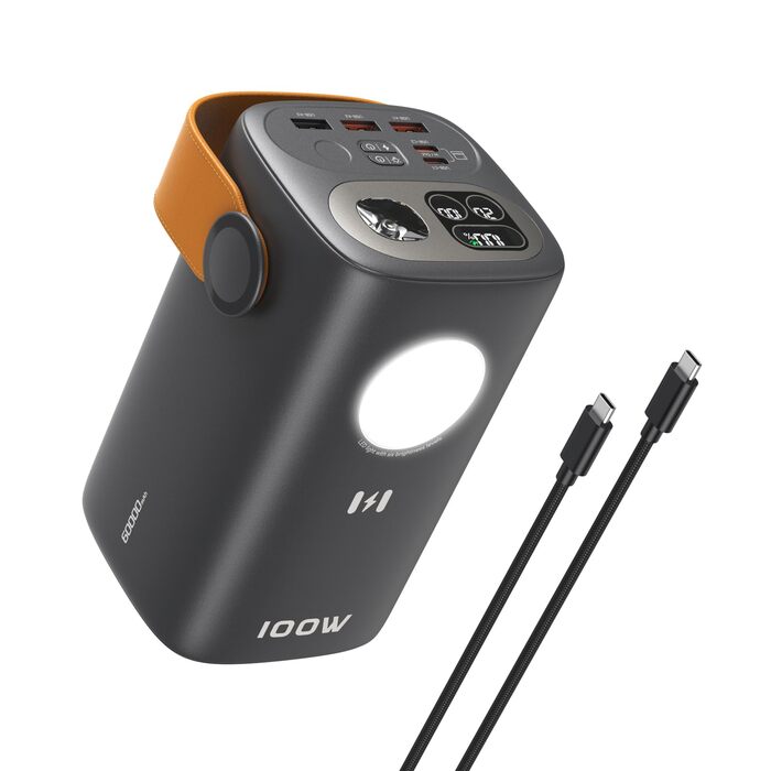 Power Bank Selore&S 60000mAh 100W з 5 портами USB-C для iPhone, Samsung, MacBook, iPad Pro, Switch, Steam Deck, Surface Go (Сірий)