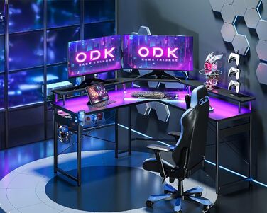 Ігровий стіл ODK з LED-підсвіткою, 2 розетками та 2 USB, кутовий комп'ютерний стіл з великою полицею для монітора, чорний