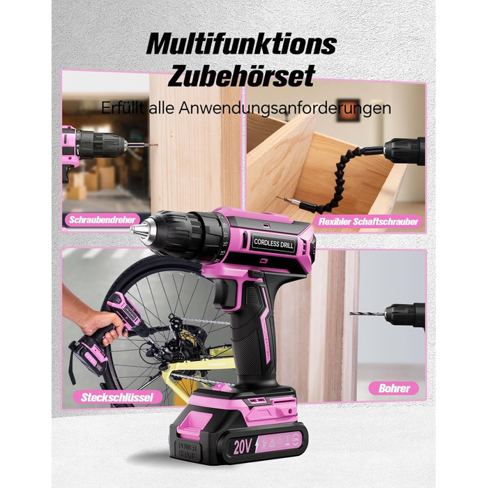 Акумуляторний шурупокрут-дрель 20V, 56 шт. у наборі, 42Nm, LED-підсвітка, рожевий, для дому та майстерні