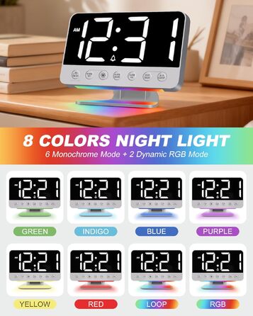 Цифровий будильник з LED-дисплеєм та RGB-підсвіткою, потужний сигнал 30-110дБ для міцного сну, USB-порт, функція Snooze, сріблястий