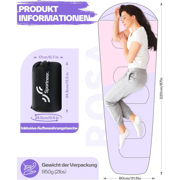 Сплячий мішок Sportneer - компактний та ультралегкий (950г/1500г) - кокон для кемпінгу, подорожей та відпочинку на природі. Підходить для чоловіків, жінок та дорослих (Рожевий, літній)