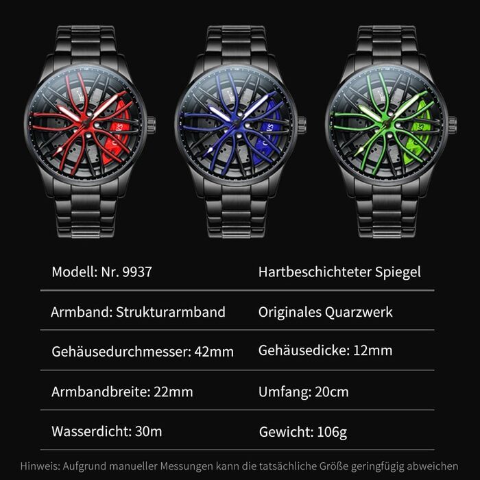 Чоловічий годинник OLEVS Quartz (9937 Blau) — Спортивний сталевий годинник з дизайном автоколеса, водонепроникний, з підсвічуванням циферблата