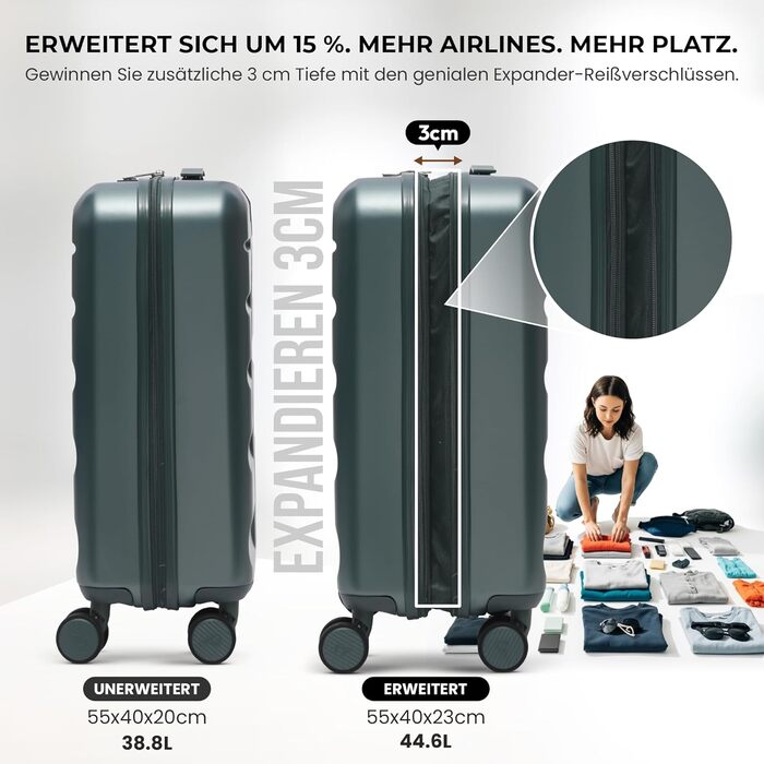 Ручний багаж Aerolite, розширюваний, 55x40x20/23 см, 4 колеса, зелений. Підходить для Lufthansa, Eurowings, Condor, Wizz Air.