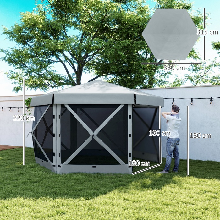 Outsunny Hexagonal Gazebo Approx. 3.6x3m Waterproof Pop-up Folding Gazebo with 5 Side Panels, Bag, Folding Party Tent, UV 30+, Winterproof Garden Tent, Garden Gazebo for Camping, Garden, Festival, Light Grey | Aosom