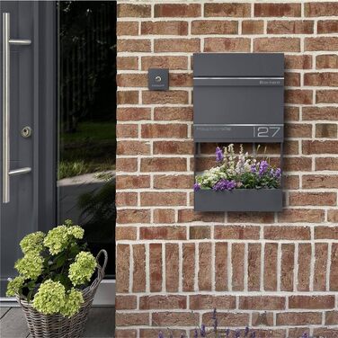 Поштова скринька Metzler Anthrazit RAL 7016 з газетницею та номерним знаком - персоналізована лазерним гравіюванням | Сучасна водонепроникна та стійка до іржі поштова скринька Hermann (Db703)