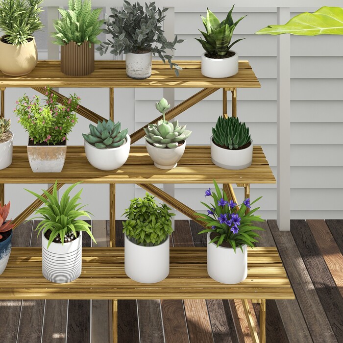 Outsunny Plant Ladder Flower Shelf 3-Tier Fir Wood 120x80x78cm for Garden Balcony & Terrace