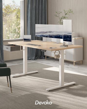 Регульований стіл Devoko 160x80 см з ящиками, USB-порт, органайзер для кабелів, стіл для комп'ютера з 3 функціями пам'яті, білий