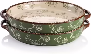 AVLA 2-Piece Ceramic Cake Pans, 9-inch, Round Baking Dish with Double Handles, 27.3 oz, Deep Quiche Dish for Kitchen, Cooking, Roasting Lasagna (Sakura, Green) Sakura, Vert