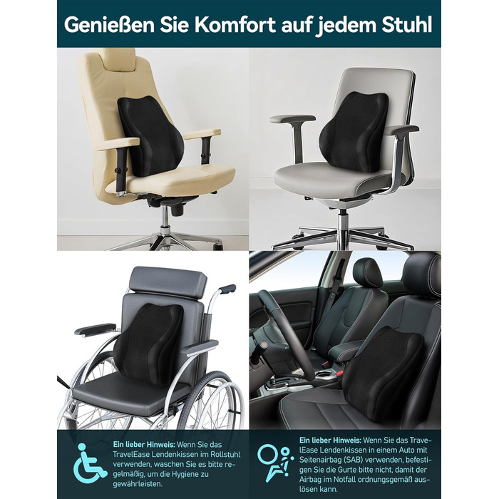 Подушка для спини Ergonomica Travel Ease з Memory Foam, для офісного та комп'ютерного крісла, з антистатичним, приємним до шкіри чохлом, для комфортної посадки (Чорний)