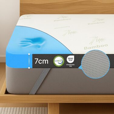 MKS.® Gel Topper 120x200 cm, H3 Mattress Topper with 7 cm Gel Memory Foam, ComfortKissen Mattress Cover with 3D Airflow, Viscoelastic Mattress Toppers with Removable Bamboo Cover