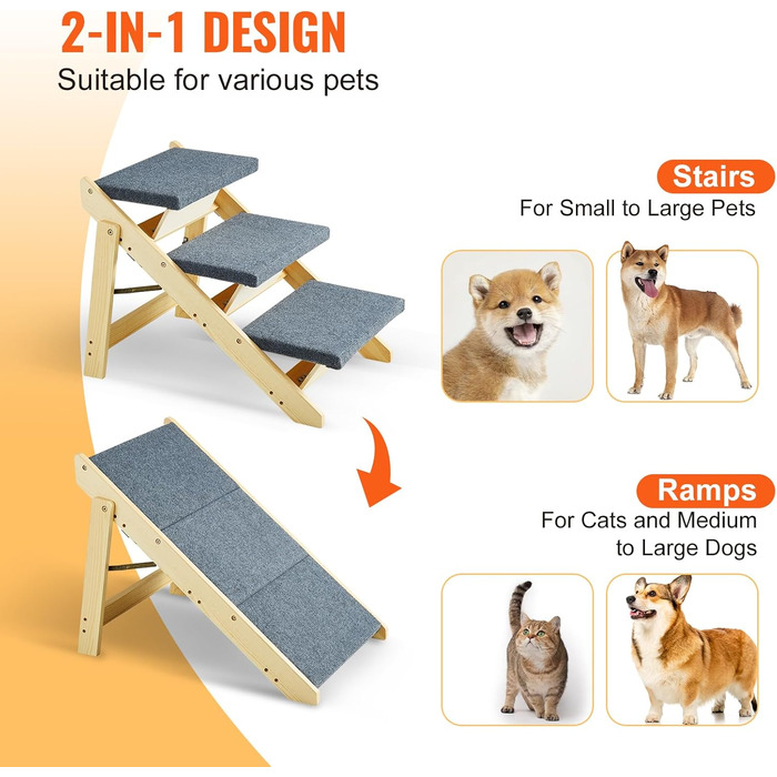 Сходи для домашніх тварин VEVOR з дерева, 2-в-1, складана, для собак та котів, для ліжка, дивану, автомобіля, 3 сходинки, до 68 кг