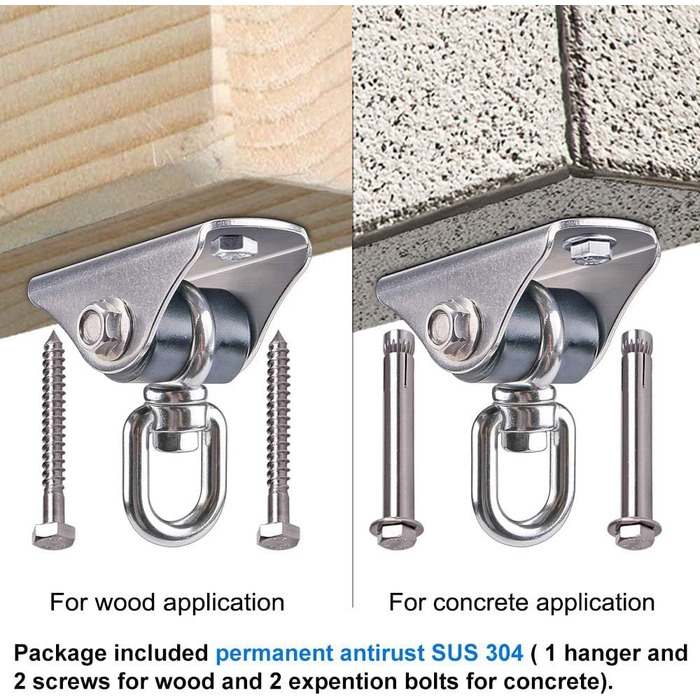 BeneLabel 2-Pack Heavy-Duty Ceiling Hook, Hammock Attachment, Stainless Steel 360° Swivel Hanging Chair Suspension Silent Bushing Screw for Wooden Beams/Concrete Ceilings Yoga Punching Bag Ceiling Bracket, Up to 726kg
