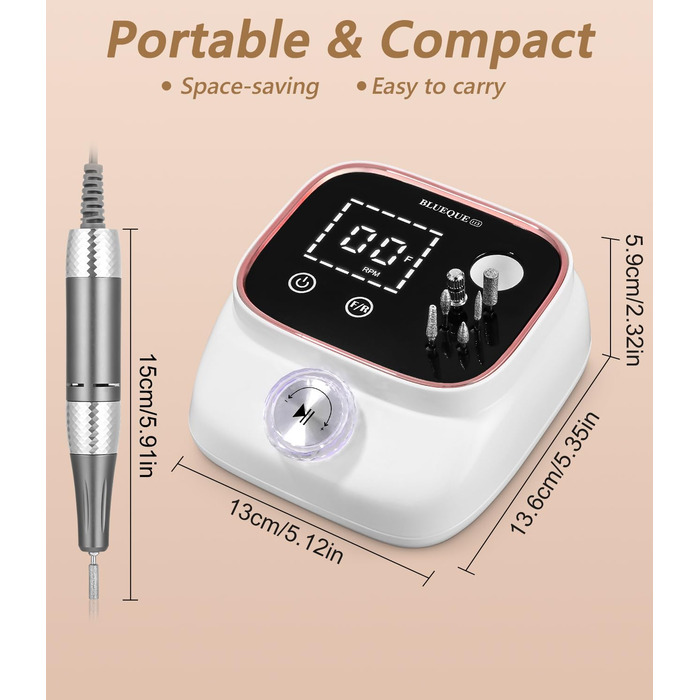 Електрична нігтьова фрезер 45000 RPM з LCD-дисплеєм для манікюру та педикюру, професійна, рожеве золото
