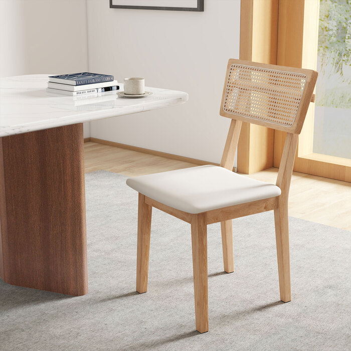 HOMCOM Dining Chair with Rattan Back, Faux Leather Seat, and Rubberwood Frame