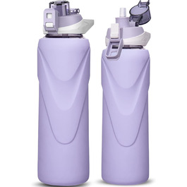 1 liter / 1l Drinking Bottle Glass with Straw BPA Free Glass Bottle with Silicone Sleeve Borosilicate Glass Water Bottle (Light Purple)