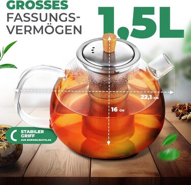 Neighbour's Friend® 1.5 L Glass Teapot for Loose Leaf Tea & Tea Bags - Teapot with Infuser Insert, Large, Drip-Free - 3-Piece Stainless Steel Infuser with Bamboo Lid Handle - Dishwasher-Safe Glass Teapot