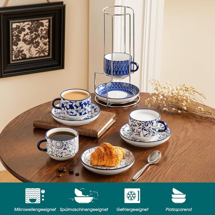 Набір чашок для еспресо Vancasso SELENE: 4 шт., з підставкою та стійкою, блакитно-білий вінтажний дизайн, порцеляна, для кави, капучино, лате та чаю