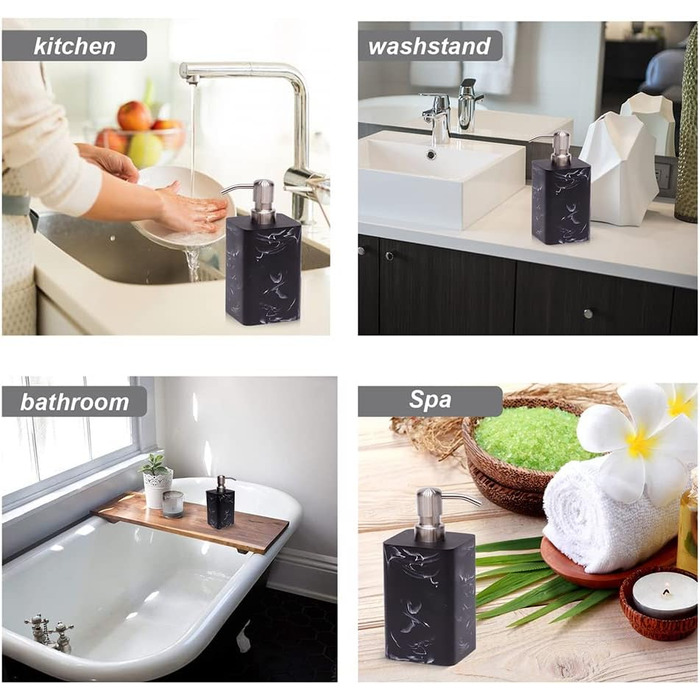 Дозатор для мила Suanti, 425 мл, з помпою з нержавіючої сталі, наповнюваний, квадратний, декоративний, для мила для рук, посудомийної рідини та лосьйону, стиль чорного мармуру