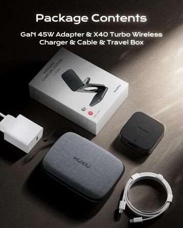 Зарядна станція KU XIU X40 Turbo Qi2.2 25W 3-в-1 для iPhone 17/16/15/14/13/12, Apple Watch та AirPods, складна бездротова зарядка, алюмінієвий адаптер GaN 45W (Чорний)