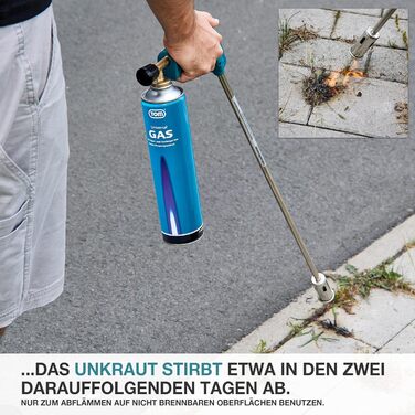 TOM Weed Burner Set + 4 x 330 g Universal Gas Cartridge with Screw Thread 600 ml – Flaming Device ideally suited for weed removal on paving stones, sidewalks, and paved joints. Grill lighter, Blue