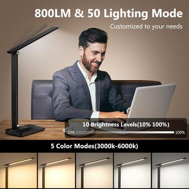 LED лампа настільна для дому та офісу, 15 режимів, денне світло, 1000LM, регулювання яскравості, 3600mAh, чорний колір