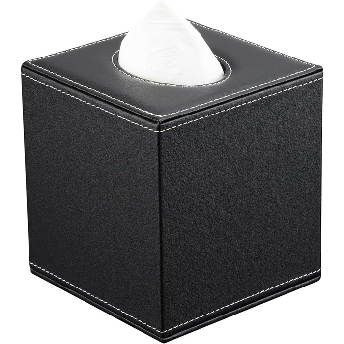 KINGFOM Скляна коробка для серветок, шкіряна, квадратна | Коробка для серветок у ванну, авто, офіс, спальню (Чорний)