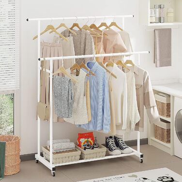 Clothes Rack with Double Rod, Rolling Clothes Rack, Portable Clothes Rack for Bedroom, Living Room, Clothing Store, (White)