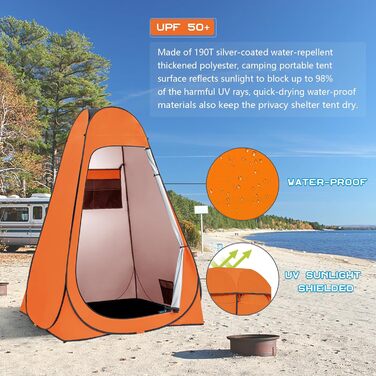 Brian & Dany Pop Up Camping Shower Tent - Portable Changing Tent with Rainfly & Windows - Outdoor Privacy Shelter - UPF 50+ Waterproof - Green/Orange