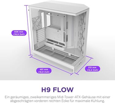 NZXT H9 Flow (2025) – великий корпус для ПК Mid-Tower з двома камерами, підтримка 420мм радіатора, 3 x 140мм та 1 x 120мм вентилятори, загартоване скло, готовність до Back-Connect